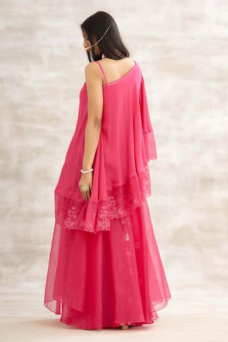 Shop Mandira Wirk - Indian Pink Organza, Crepe Embroidered Tunic And Pant Set at Aza Fashions Shop_Mandira Wirk - Indian_Pink Organza, Crepe Embroidered Tunic And Pant Set _at_Aza_Fashions
