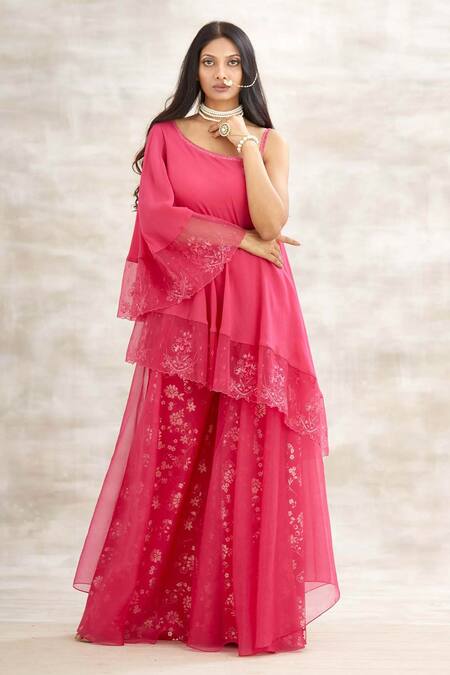 Mandira Wirk - Indian Pink Organza, Crepe Embroidered Tunic And Pant Set Online at Aza Fashions Mandira Wirk - Indian_Pink Organza, Crepe Embroidered Tunic And Pant Set _Online_at_Aza_Fashions