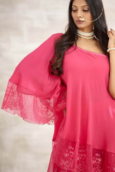 Shop Mandira Wirk - Indian Pink Organza, Crepe Embroidered Tunic And Pant Set Online at Aza Fashions Shop_Mandira Wirk - Indian_Pink Organza, Crepe Embroidered Tunic And Pant Set _Online_at_Aza_Fashions