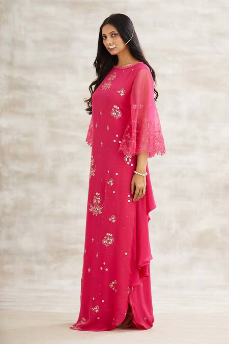 Mandira Wirk - Indian Pink Crepe Hand Foil Print Dress Online at Aza Fashions Mandira Wirk - Indian_Pink Crepe Hand Foil Print Dress _Online_at_Aza_Fashions