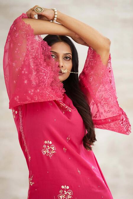Buy Mandira Wirk - Indian Pink Crepe Hand Foil Print Dress Online at Aza Fashions Buy_Mandira Wirk - Indian_Pink Crepe Hand Foil Print Dress _Online_at_Aza_Fashions