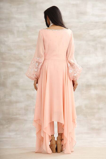 Shop Mandira Wirk - Indian Peach Crepe Embroidered Tunic And Pant Set at Aza Fashions Shop_Mandira Wirk - Indian_Peach Crepe Embroidered Tunic And Pant Set _at_Aza_Fashions