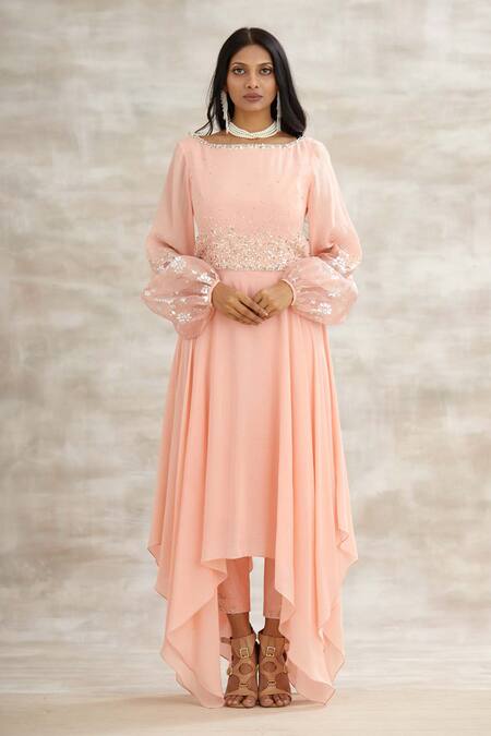 Mandira Wirk - Indian Peach Crepe Embroidered Tunic And Pant Set Online at Aza Fashions Mandira Wirk - Indian_Peach Crepe Embroidered Tunic And Pant Set _Online_at_Aza_Fashions