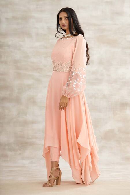 Buy Mandira Wirk - Indian Peach Crepe Embroidered Tunic And Pant Set Online at Aza Fashions Buy_Mandira Wirk - Indian_Peach Crepe Embroidered Tunic And Pant Set _Online_at_Aza_Fashions