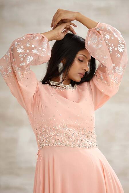 Shop Mandira Wirk - Indian Peach Crepe Embroidered Tunic And Pant Set Online at Aza Fashions Shop_Mandira Wirk - Indian_Peach Crepe Embroidered Tunic And Pant Set _Online_at_Aza_Fashions