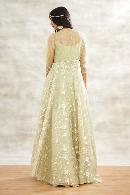 Shop_Mandira Wirk - Indian_Green Organza, Chanderi Anarkali With Embroidered Jacket _at_Aza_Fashions