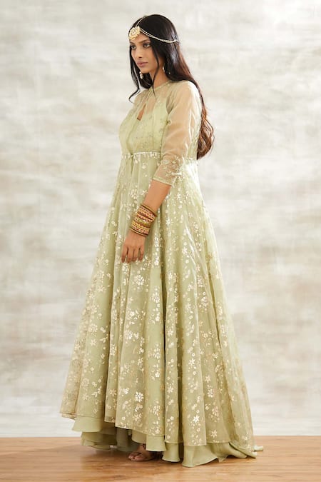 Mandira Wirk - Indian_Green Organza, Chanderi Anarkali With Embroidered Jacket _Online_at_Aza_Fashions