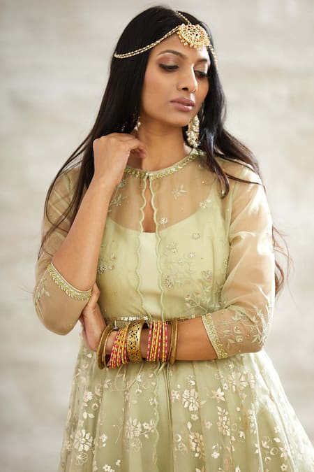 Buy_Mandira Wirk - Indian_Green Organza, Chanderi Anarkali With Embroidered Jacket _Online_at_Aza_Fashions