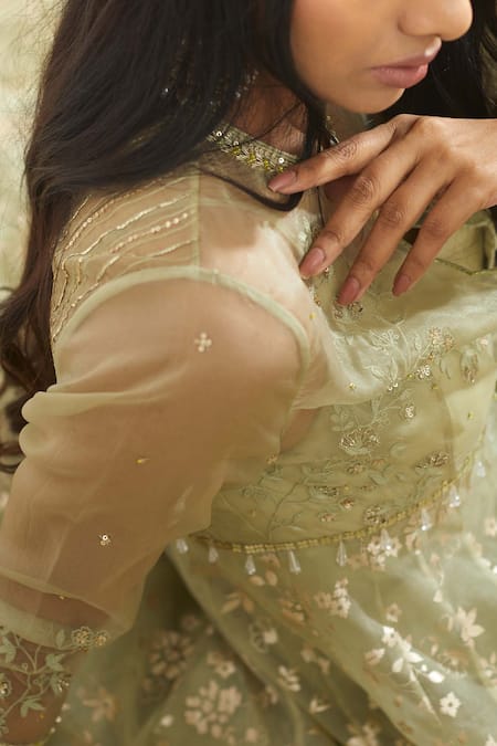 Shop_Mandira Wirk - Indian_Green Organza, Chanderi Anarkali With Embroidered Jacket _Online_at_Aza_Fashions
