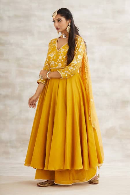Mandira Wirk - Indian Yellow Chanderi Foil Print Anarkali Set 