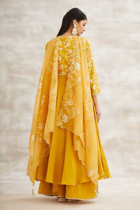 Shop Mandira Wirk - Indian Yellow Chanderi Foil Print Anarkali Set at Aza Fashions Shop_Mandira Wirk - Indian_Yellow Chanderi Foil Print Anarkali Set _at_Aza_Fashions