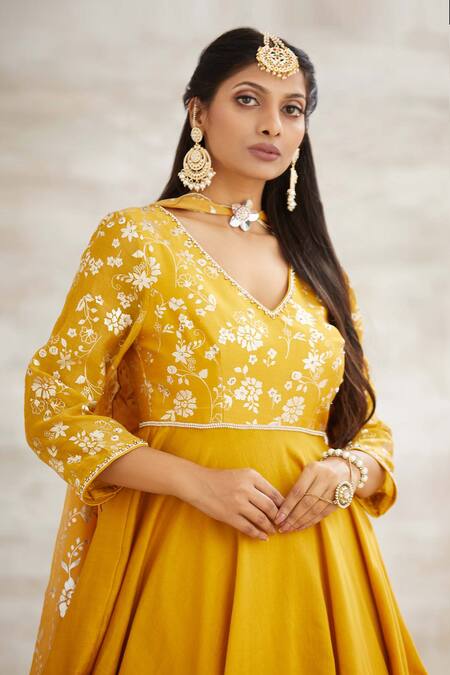 Shop Mandira Wirk - Indian Yellow Chanderi Foil Print Anarkali Set Online at Aza Fashions Shop_Mandira Wirk - Indian_Yellow Chanderi Foil Print Anarkali Set _Online_at_Aza_Fashions