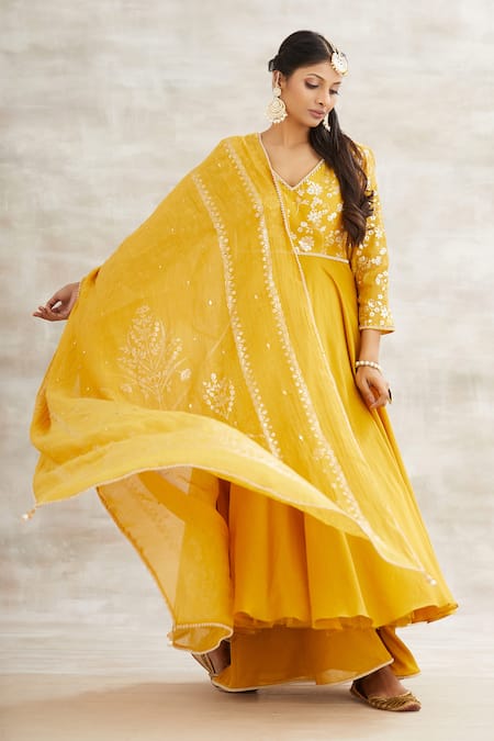 Mandira Wirk - Indian Yellow Chanderi Foil Print Anarkali Set 