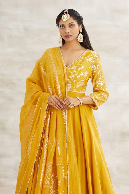 Shop Mandira Wirk - Indian Yellow Chanderi Foil Print Anarkali Set Online at Aza Fashions Shop_Mandira Wirk - Indian_Yellow Chanderi Foil Print Anarkali Set _Online_at_Aza_Fashions