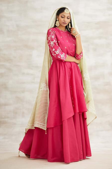 Mandira Wirk - Indian Pink Chanderi Printed Anarkali Set 