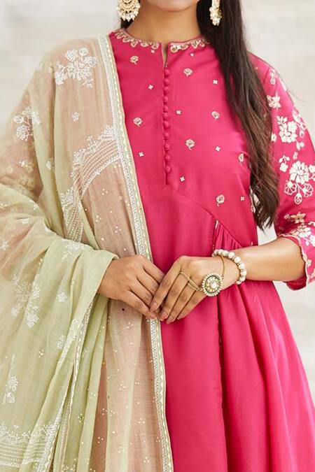 Shop Mandira Wirk - Indian Pink Chanderi Printed Anarkali Set Online at Aza Fashions Shop_Mandira Wirk - Indian_Pink Chanderi Printed Anarkali Set _Online_at_Aza_Fashions