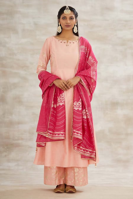 Mandira Wirk - Indian Peach Chanderi Embroidered Anarkali Set 