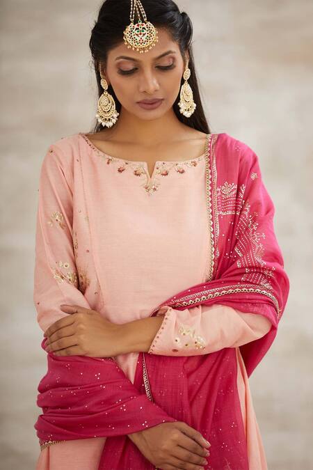 Buy_Mandira Wirk - Indian_Peach Chanderi Embroidered Anarkali Set _Online_at_Aza_Fashions