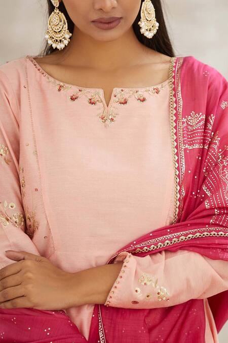 Shop_Mandira Wirk - Indian_Peach Chanderi Embroidered Anarkali Set _Online_at_Aza_Fashions