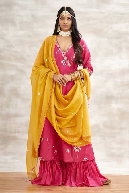 Mandira Wirk - Indian Pink Chanderi Embroidered Angrakha Sharara Set 