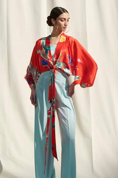 Mandira Wirk Resort_Red Top And Camisole Crepe  Pants Sumo Printed Kaftan Crop & Set _Online_at_Aza_Fashions