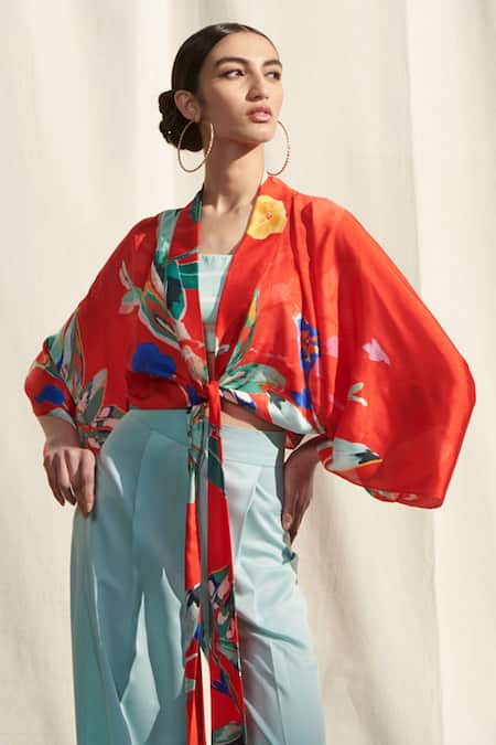 Buy_Mandira Wirk Resort_Red Top And Camisole Crepe  Pants Sumo Printed Kaftan Crop & Set _Online_at_Aza_Fashions