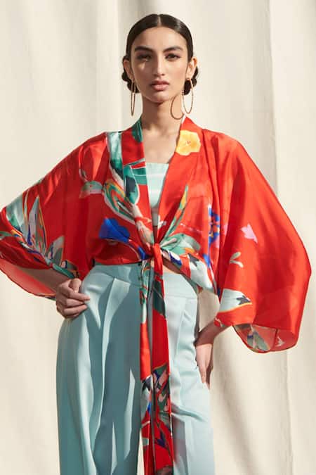 Shop_Mandira Wirk Resort_Red Top And Camisole Crepe  Pants Sumo Printed Kaftan Crop & Set _Online_at_Aza_Fashions