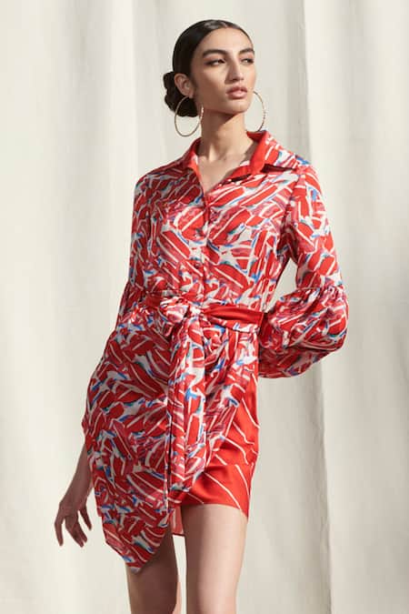 Mandira Wirk_Red Crepe Satin Asymmetric Printed Draped Dress_Online_at_Aza_Fashions