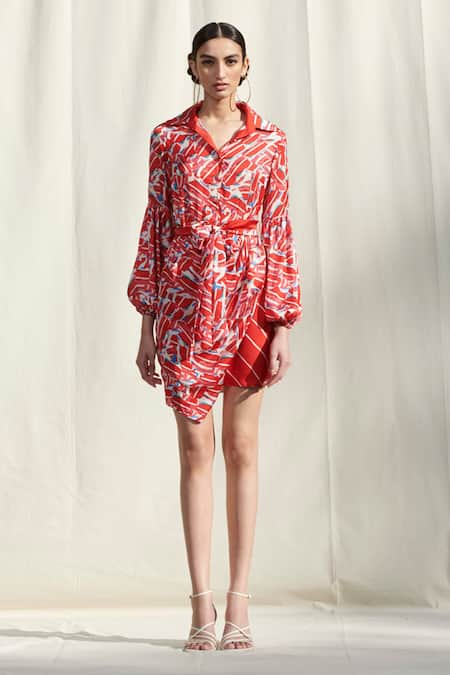 Buy_Mandira Wirk_Red Crepe Satin Asymmetric Printed Draped Dress_Online_at_Aza_Fashions