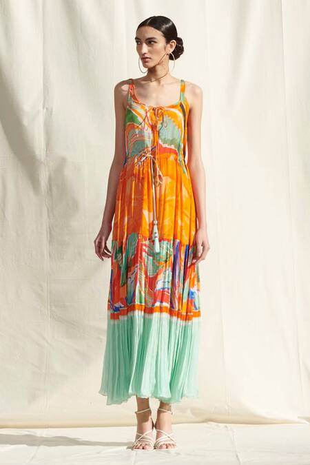 Mandira Wirk_Yellow Crinkled Chiffon Printed Tiered Dress_Online_at_Aza_Fashions