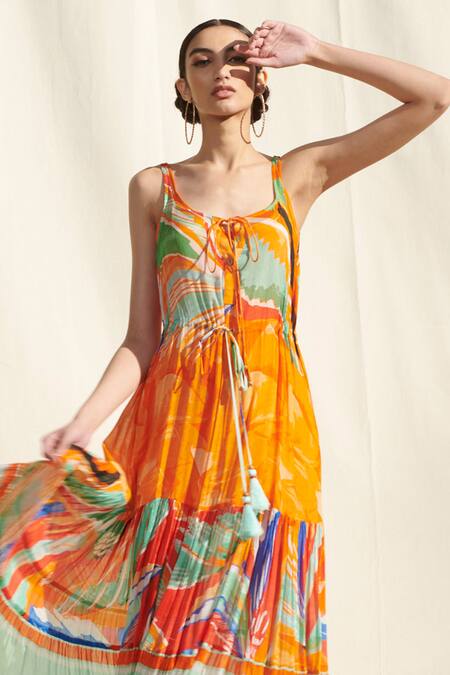 Buy_Mandira Wirk_Yellow Crinkled Chiffon Printed Tiered Dress_Online_at_Aza_Fashions
