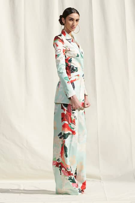 Mandira Wirk Resort Green Crepe Satin Floral Print Blazer And Pant Set Online at Aza Fashions Mandira Wirk Resort_Green Crepe Satin Floral Print Blazer And Pant Set_Online_at_Aza_Fashions