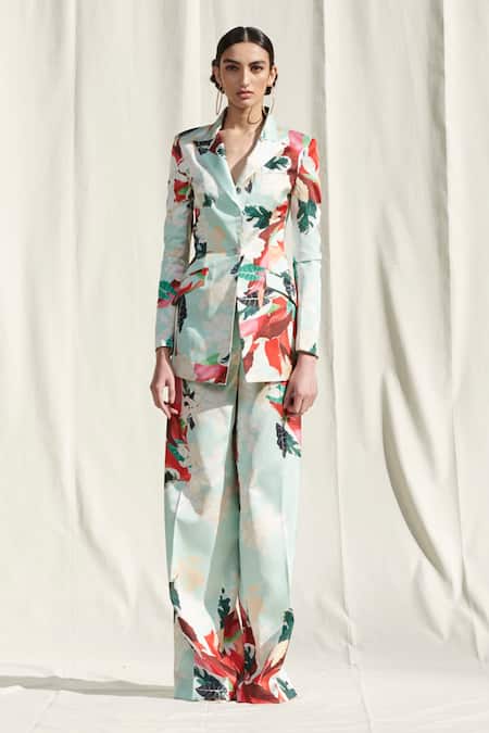 Buy Mandira Wirk Resort Green Crepe Satin Floral Print Blazer And Pant Set Online at Aza Fashions Buy_Mandira Wirk Resort_Green Crepe Satin Floral Print Blazer And Pant Set_Online_at_Aza_Fashions