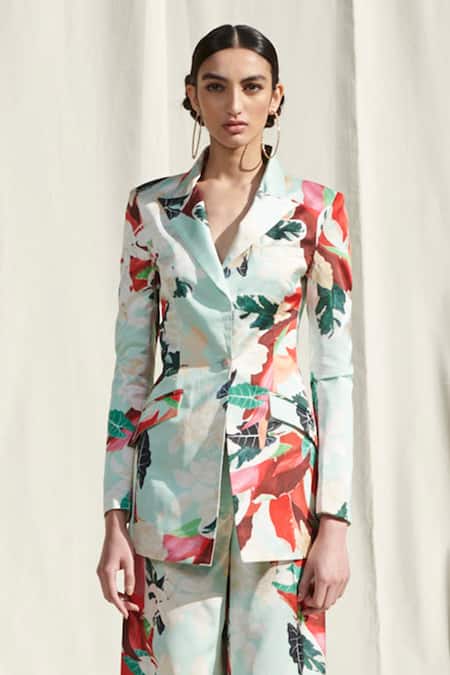 Shop Mandira Wirk Resort Green Crepe Satin Floral Print Blazer And Pant Set Online at Aza Fashions Shop_Mandira Wirk Resort_Green Crepe Satin Floral Print Blazer And Pant Set_Online_at_Aza_Fashions