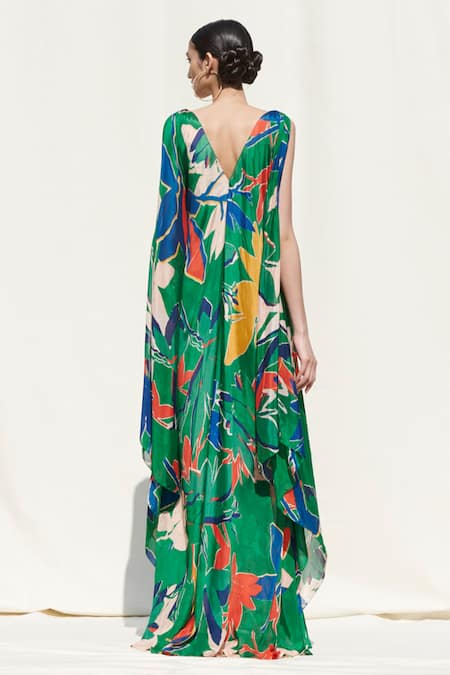 Shop Mandira Wirk Resort Green Crinkled Chiffon Slip Lycra Net Floral Print Kaftan at Aza Fashions Shop_Mandira Wirk Resort_Green Crinkled Chiffon Slip Lycra Net Floral Print Kaftan _at_Aza_Fashions