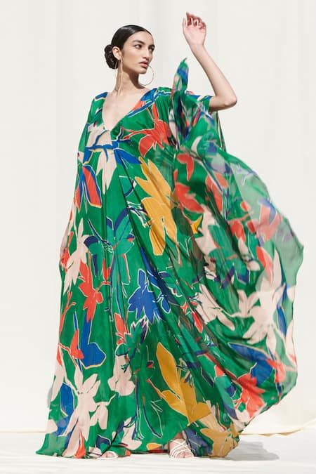 Buy Mandira Wirk Resort Green Crinkled Chiffon Slip Lycra Net Floral Print Kaftan Online at Aza Fashions Buy_Mandira Wirk Resort_Green Crinkled Chiffon Slip Lycra Net Floral Print Kaftan _Online_at_Aza_Fashions