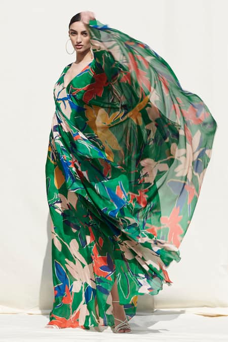 Shop Mandira Wirk Resort Green Crinkled Chiffon Slip Lycra Net Floral Print Kaftan Online at Aza Fashions Shop_Mandira Wirk Resort_Green Crinkled Chiffon Slip Lycra Net Floral Print Kaftan _Online_at_Aza_Fashions