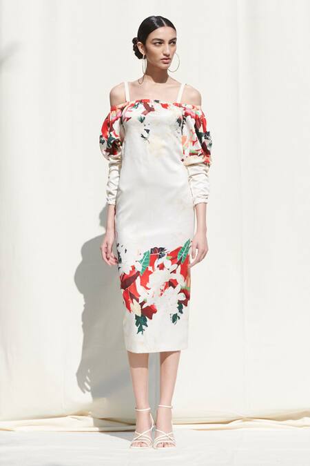 Shop_Mandira Wirk_White Crepe Satin Printed Cold Shoulder Midi Dress_Online_at_Aza_Fashions