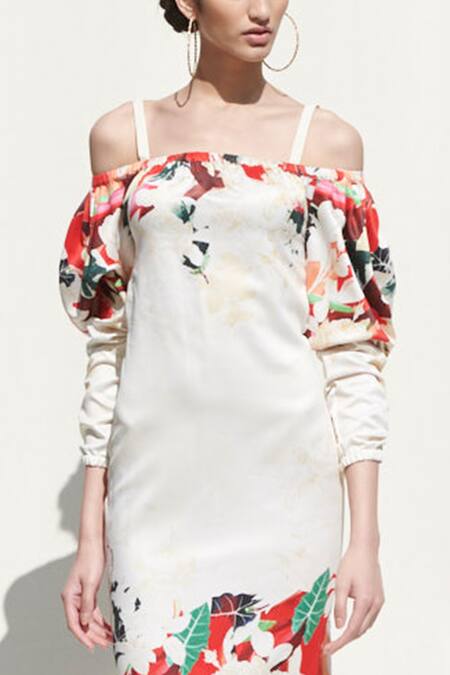 Mandira Wirk_White Crepe Satin Printed Cold Shoulder Midi Dress_at_Aza_Fashions