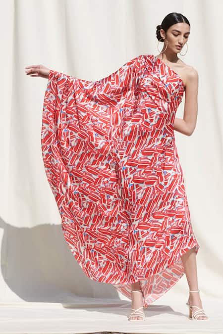 Buy Red Crepe Satin One Shoulder Printed Kaftan Dress For Women by ...