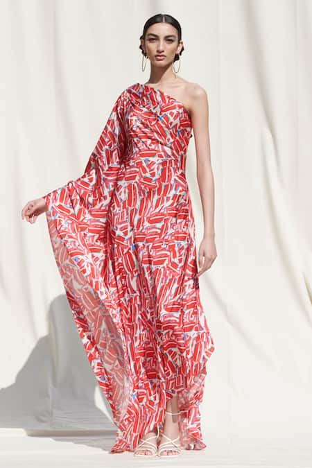 Mandira Wirk_Red Crepe Satin One Shoulder Printed Kaftan Dress_Online_at_Aza_Fashions