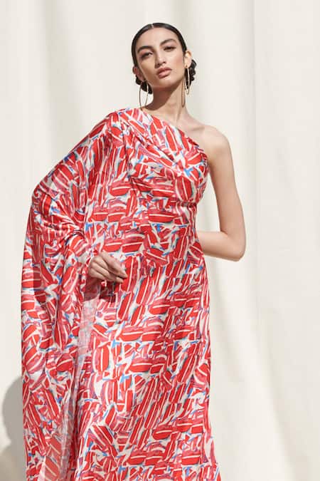 Shop_Mandira Wirk_Red Crepe Satin One Shoulder Printed Kaftan Dress_Online_at_Aza_Fashions