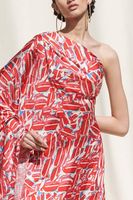 Mandira Wirk_Red Crepe Satin One Shoulder Printed Kaftan Dress_at_Aza_Fashions
