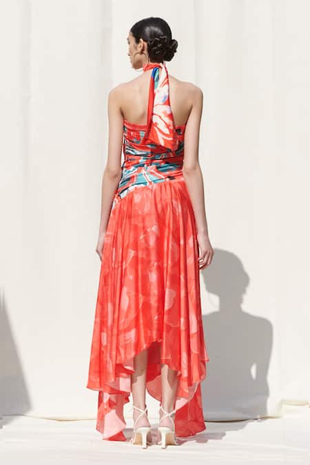 Shop Mandira Wirk Red Crepe Satin Bandeau Draped Asymmetric Dress at Aza Fashions Shop_Mandira Wirk_Red Crepe Satin Bandeau Draped Asymmetric Dress_at_Aza_Fashions