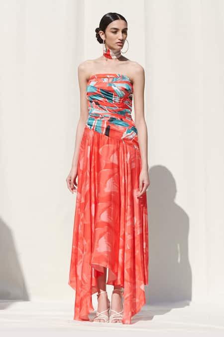 Mandira Wirk Red Crepe Satin Bandeau Draped Asymmetric Dress Online at Aza Fashions Mandira Wirk_Red Crepe Satin Bandeau Draped Asymmetric Dress_Online_at_Aza_Fashions