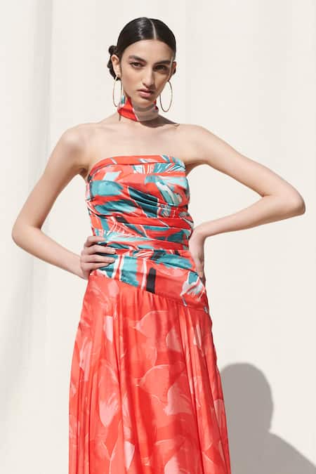 Shop Mandira Wirk Red Crepe Satin Bandeau Draped Asymmetric Dress Online at Aza Fashions Shop_Mandira Wirk_Red Crepe Satin Bandeau Draped Asymmetric Dress_Online_at_Aza_Fashions