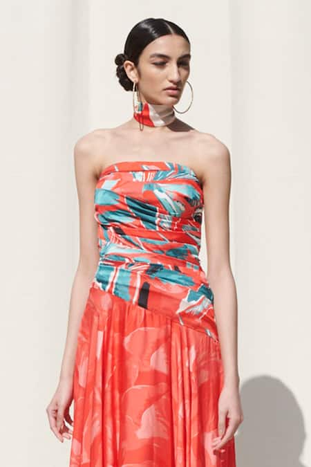 Mandira Wirk Red Crepe Satin Bandeau Draped Asymmetric Dress at Aza Fashions Mandira Wirk_Red Crepe Satin Bandeau Draped Asymmetric Dress_at_Aza_Fashions