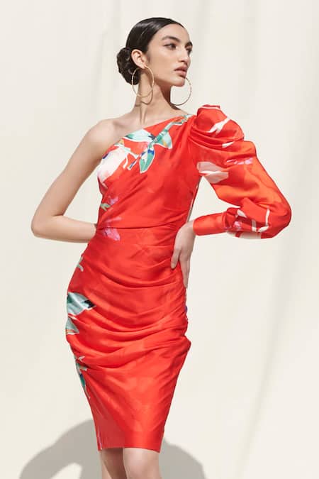 Buy_Mandira Wirk Resort_Red Crepe Satin Printed One Shoulder Midi Dress _Online_at_Aza_Fashions