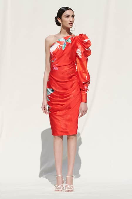 Mandira Wirk Resort_Red Crepe Satin Printed One Shoulder Midi Dress _at_Aza_Fashions
