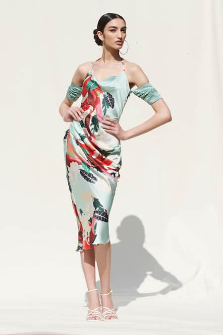Mandira Wirk Resort_Green Crepe Satin Printed Cold Shoulder Slip Dress _Online_at_Aza_Fashions